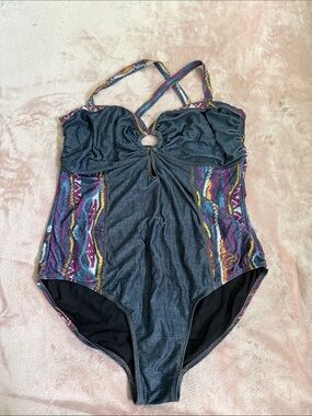 Vintage Coogi Women’s 3X One-Piece Swimsuit with Indigo and Multicolor Accents